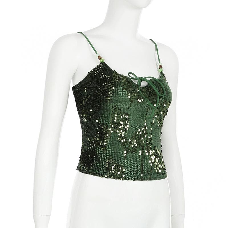 U neck glitter knotted beaded cami top
