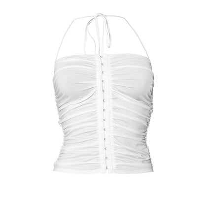 Button ruched solid halter backless crop top