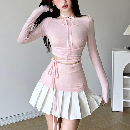 Long sleeve halter ribbon round neck top
