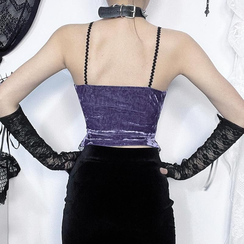 Metal cross lace velvet patchwork cami top