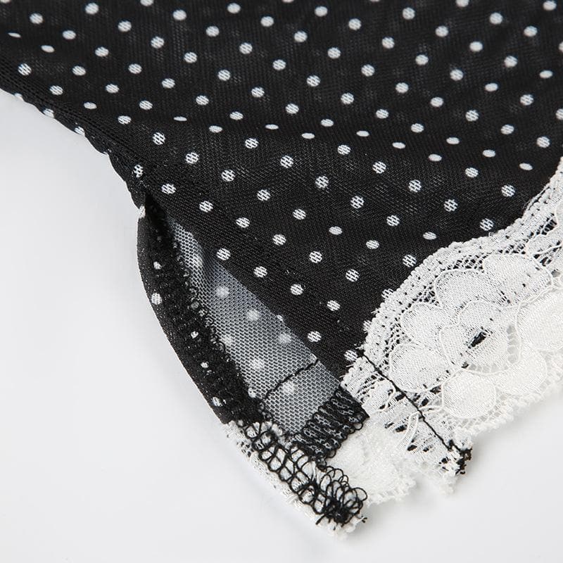 Polka dot lace hem mesh see through cami top