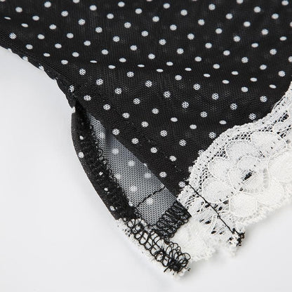 Polka dot lace hem mesh see through cami top