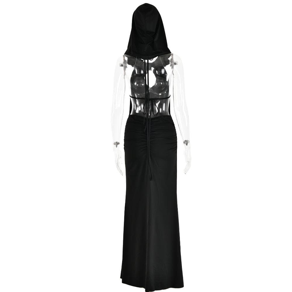 Hooded Halter Keyhole Sleeveless Ruched Hip Maxi Dress
