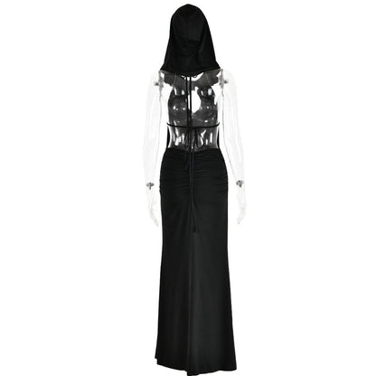 Hooded Halter Keyhole Sleeveless Ruched Hip Maxi Dress