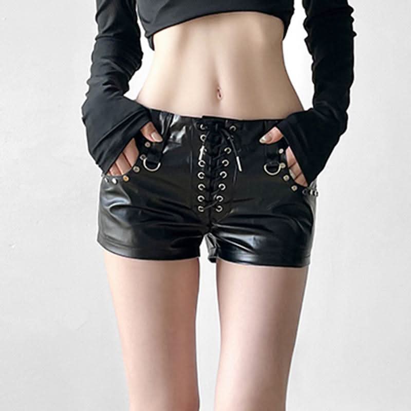 PU leather lace up short pant
