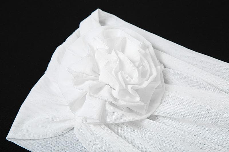 Off shoulder flower applique ruffle ruched mini dress