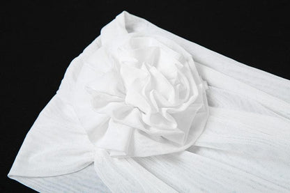 Off shoulder flower applique ruffle ruched mini dress