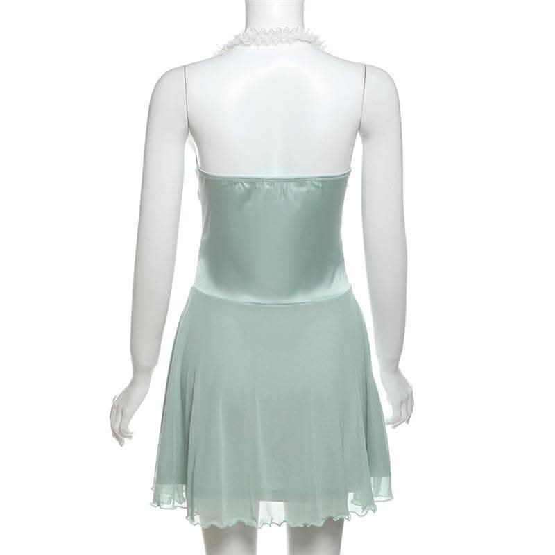 Halter button mesh backless mini dress-final-sale