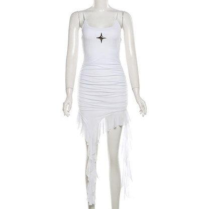 U neck sart applique ruffle irregular cami mini dress