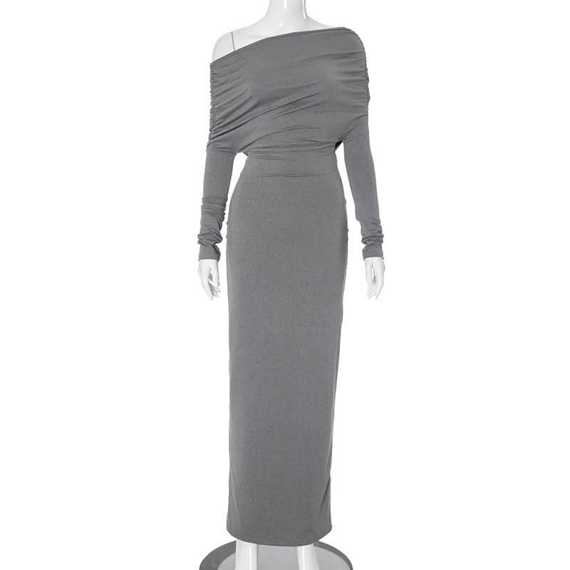 Long sleeve ruched one shoulder irregular maxi dress