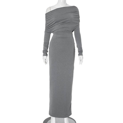 Long sleeve ruched one shoulder irregular maxi dress