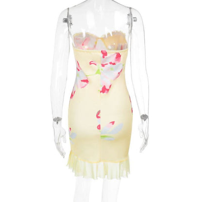 Mesh flower print sweetheart neck tube mini dress