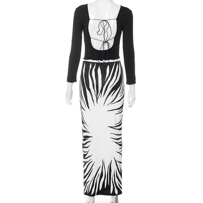 Abstract long sleeve contrast backless self tie maxi skirt set