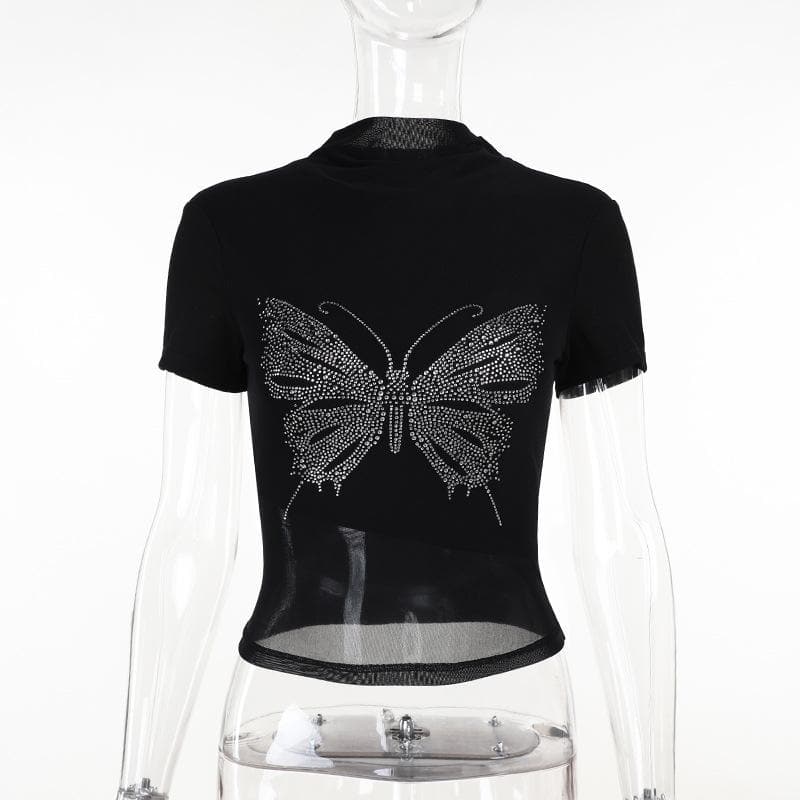 Short sleeve high neck butterfly beaded top