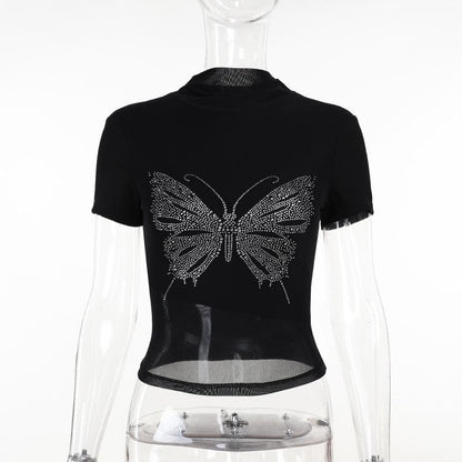 Short sleeve high neck butterfly beaded top