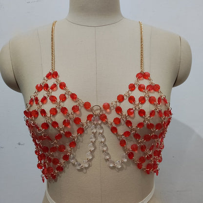 Beaded metal chain u neck backless layered cami top