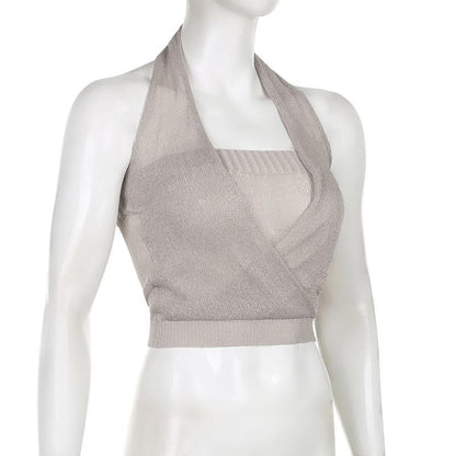 Halter knitted ribbed backless solid top