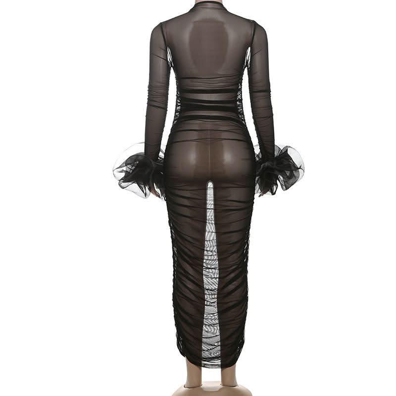 Long sleeve mesh see through ruched maxi dress