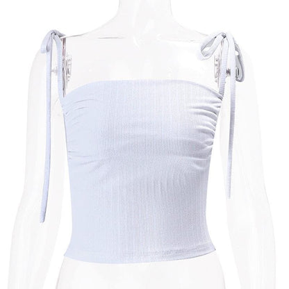 Solid self tie backless low cut crop top