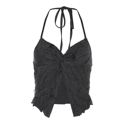 Halter self tie v neck textured knotted slit crop top