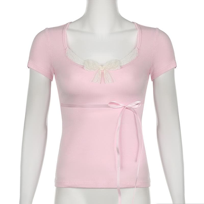 Short sleeve u neck bowknot lace hem top
