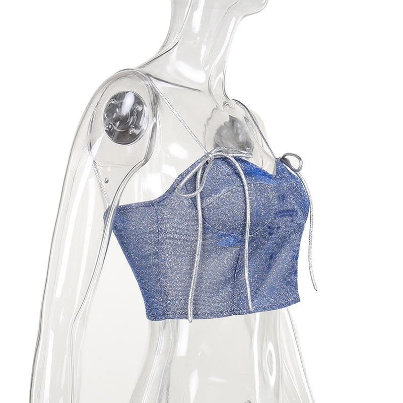Sweetheart neck glitter stitch backless cami top