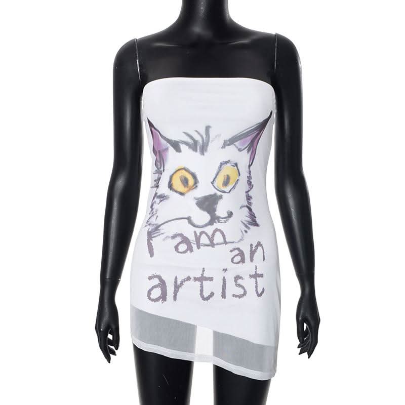 Mesh irregular cat letter print tube backless top