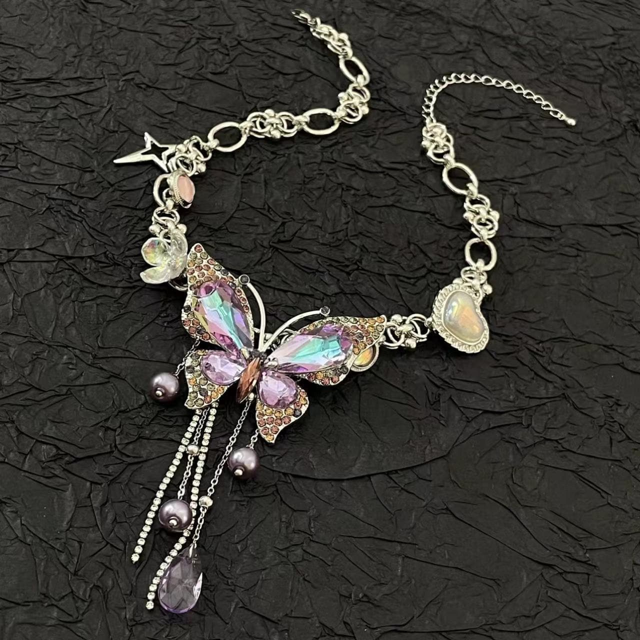 Purple butterfly flower beaded choker necklace