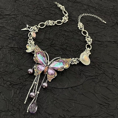 Purple butterfly flower beaded choker necklace