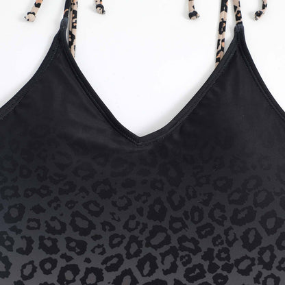 Leopard print self tie backless v neck gradient one piece swimwear
