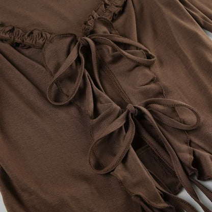 Long sleeve ruffle self tie top