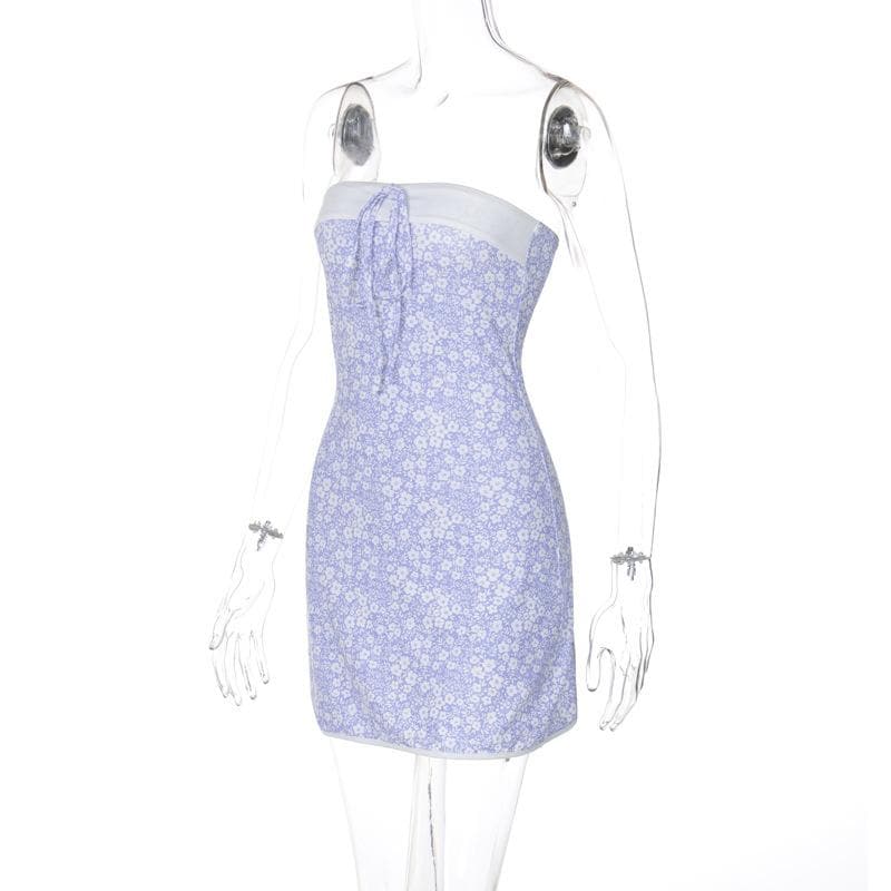 Flower print knotted backless tube mini dress