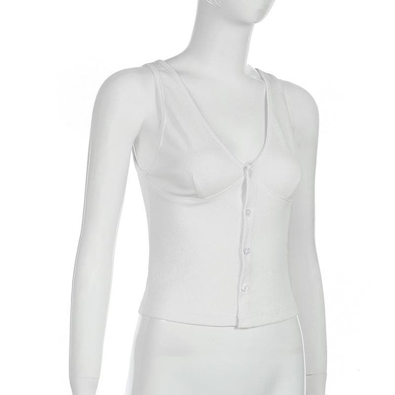 Sleeveless v neck button solid top
