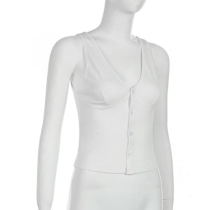 Sleeveless v neck button solid top