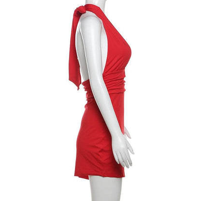 Halter deep v neck ruched backless mini dress