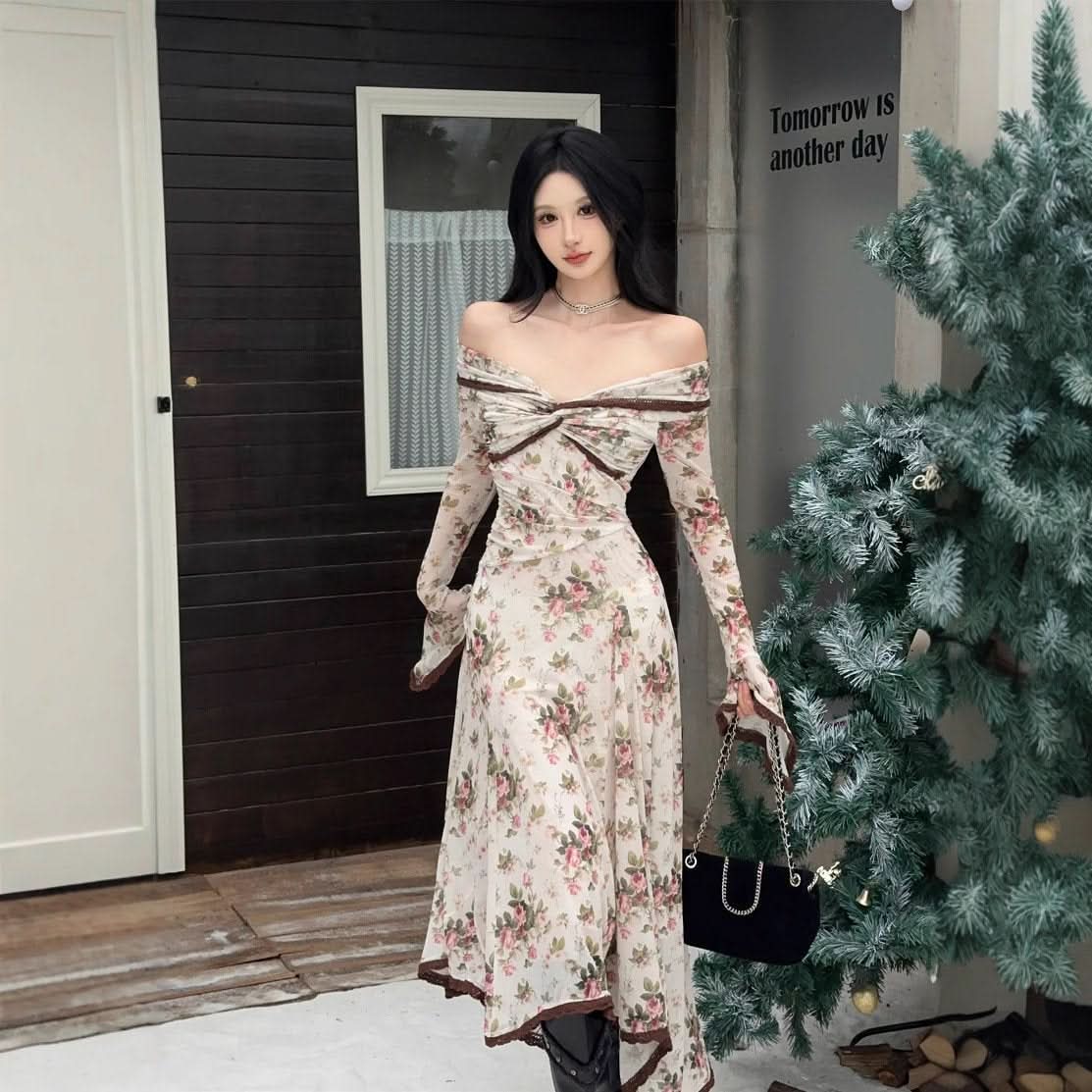 Off shoulder long sleeve flower print lace hem maxi dress