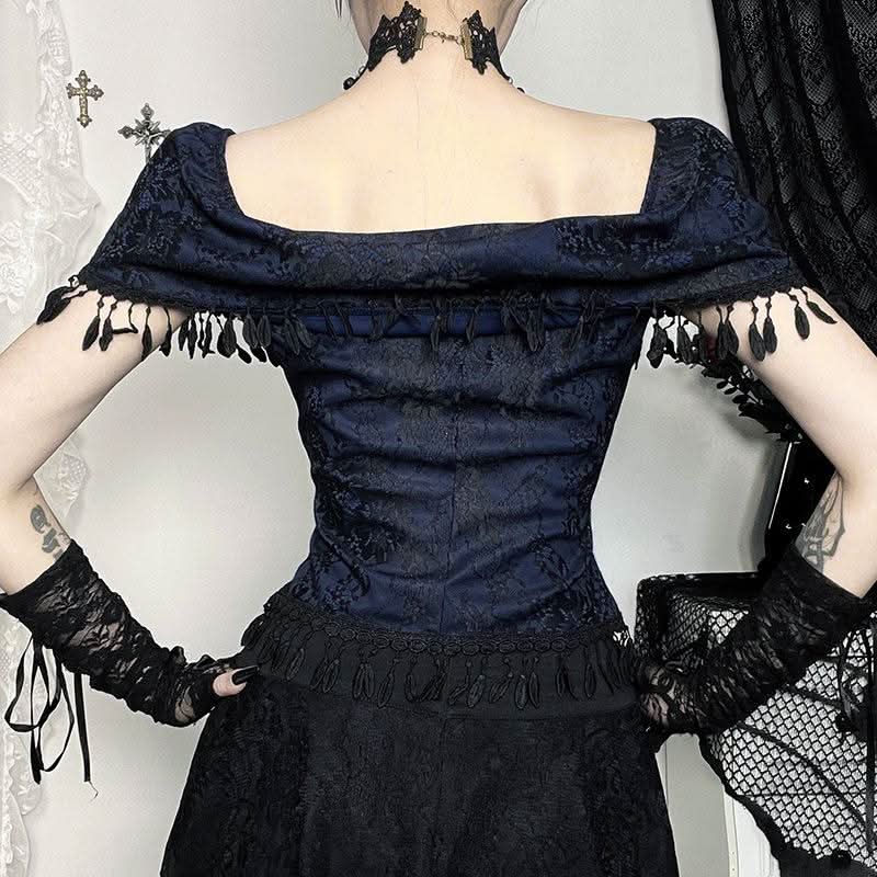 Off shoulder bowknot tassels lace top