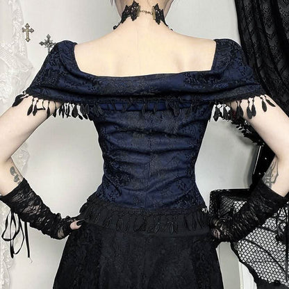 Off shoulder bowknot tassels lace top