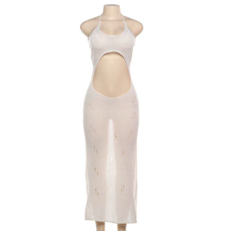 Self tie halter hollow out see through knitted cut out maxi dress