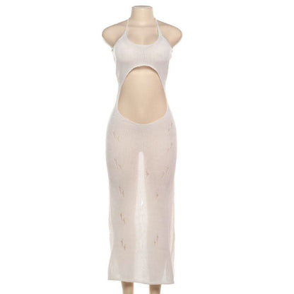 Self tie halter hollow out see through knitted cut out maxi dress