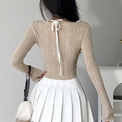 Bowknot contrast halter patchwork ruffle long sleeve top