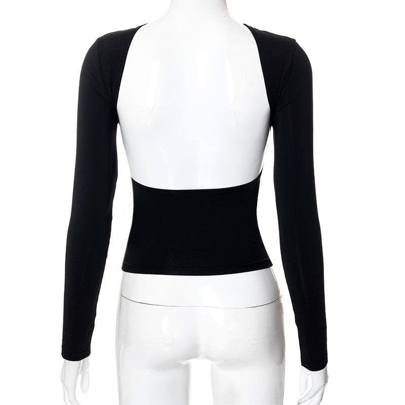 Hollow out solid long sleeve backless cut out top