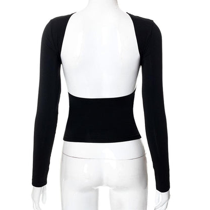 Hollow out solid long sleeve backless cut out top