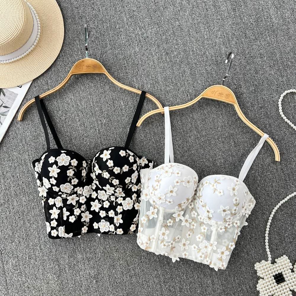 Embroidery padded bustier flower applique cami top