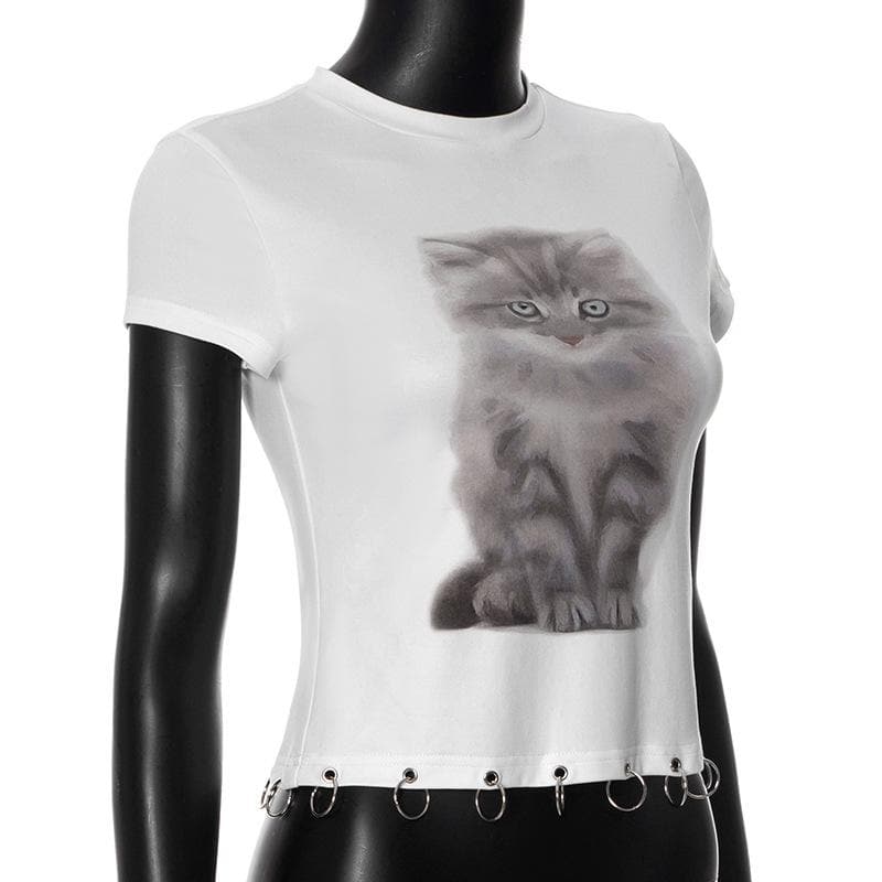 Short sleeve cat print o ring top