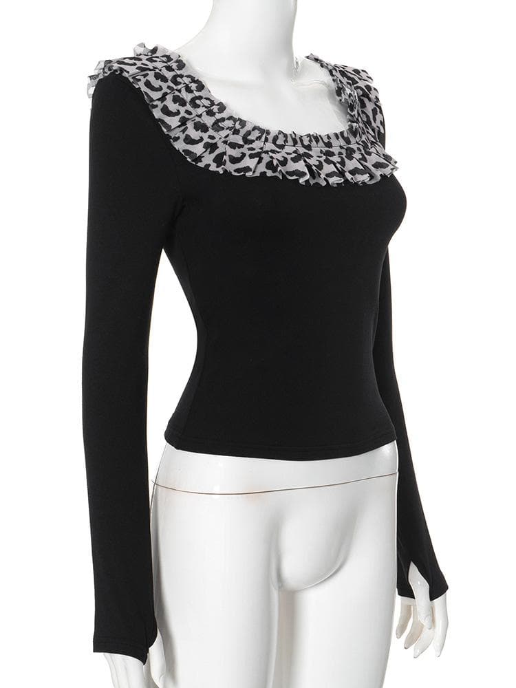 Long sleeve u neck leopard print patchwork top