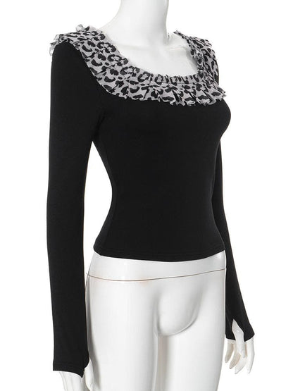 Long sleeve u neck leopard print patchwork top