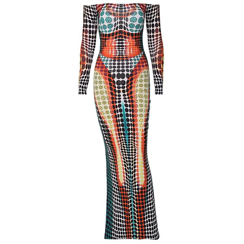 Off Shoulder Optical Illusion Dot Print Long Sleeve Bodycon Maxi Dress