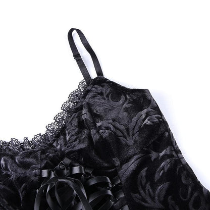 V neck hem lace velvet lace up cami top