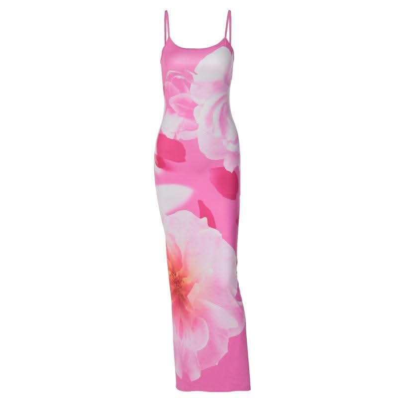 Flower print contrast u neck backless slit cami maxi dress-final-sale
